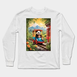 Adorable Panda Train Ride AI Art Long Sleeve T-Shirt